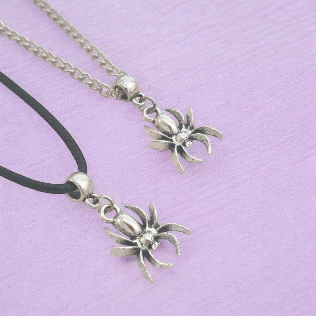Spider Charm Necklace Silver Plated Or Waxed Cord Variable Lengths, Gift Packaged, Spooky Halloween Gift