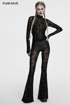 Punk Rave Seraphina Gothic Lace Flares - Cross Flocking Mesh Leggings