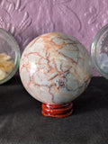 Red Network Crystal Sphere – 66mm 421g | One of a Kind with Wooden Stand