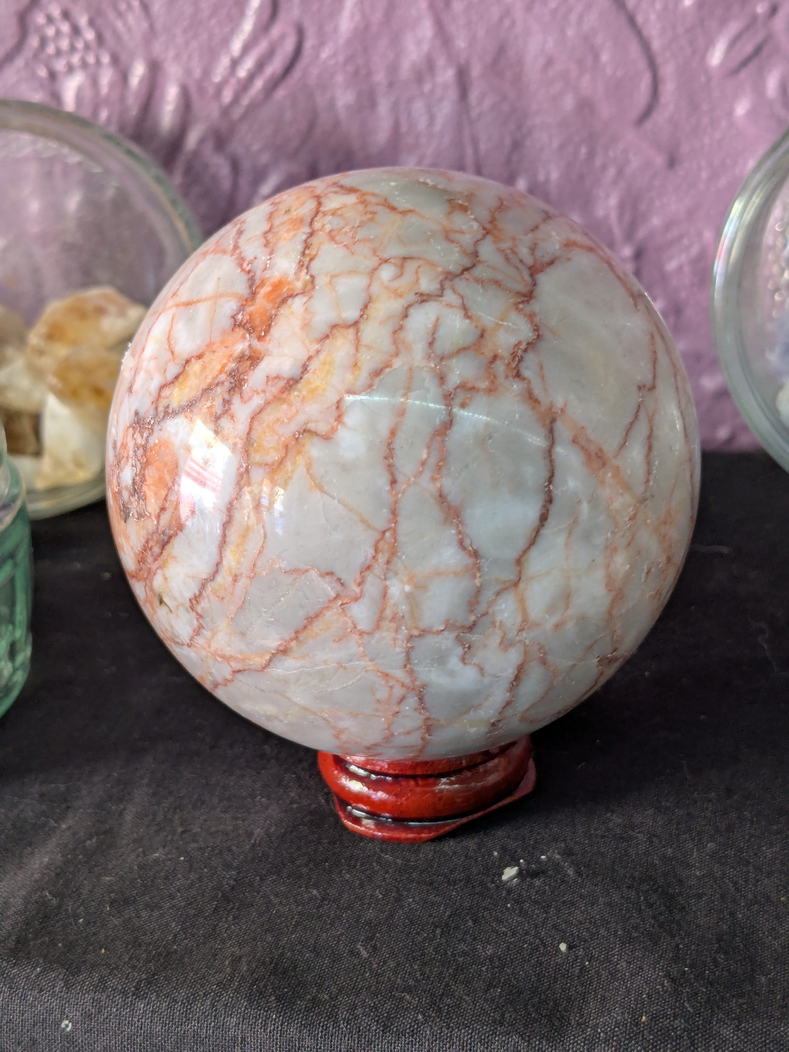 Red Network Crystal Sphere – 75mm 616g | One of a Kind with Wooden Stand