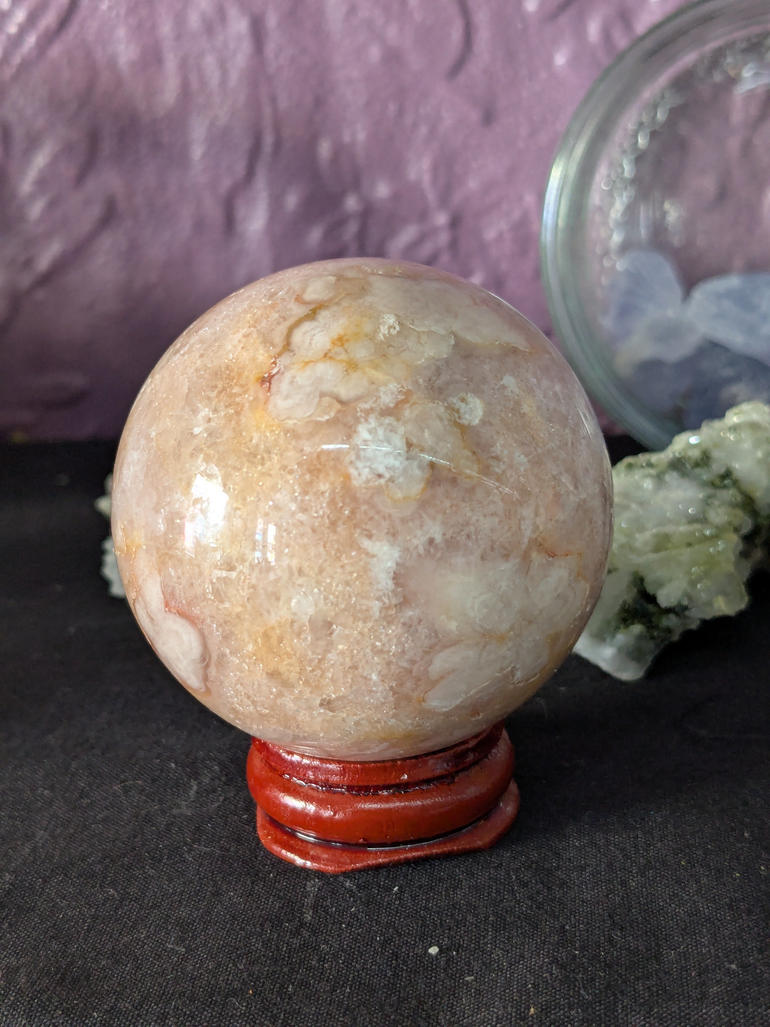 Flower Agate Crystal Sphere – 51mm 189g | One of a Kind with Wooden Stand