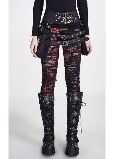 Punk Rave Gothalyptic Lara Leggings - Distressed Gothic Mesh Red Splatter Black