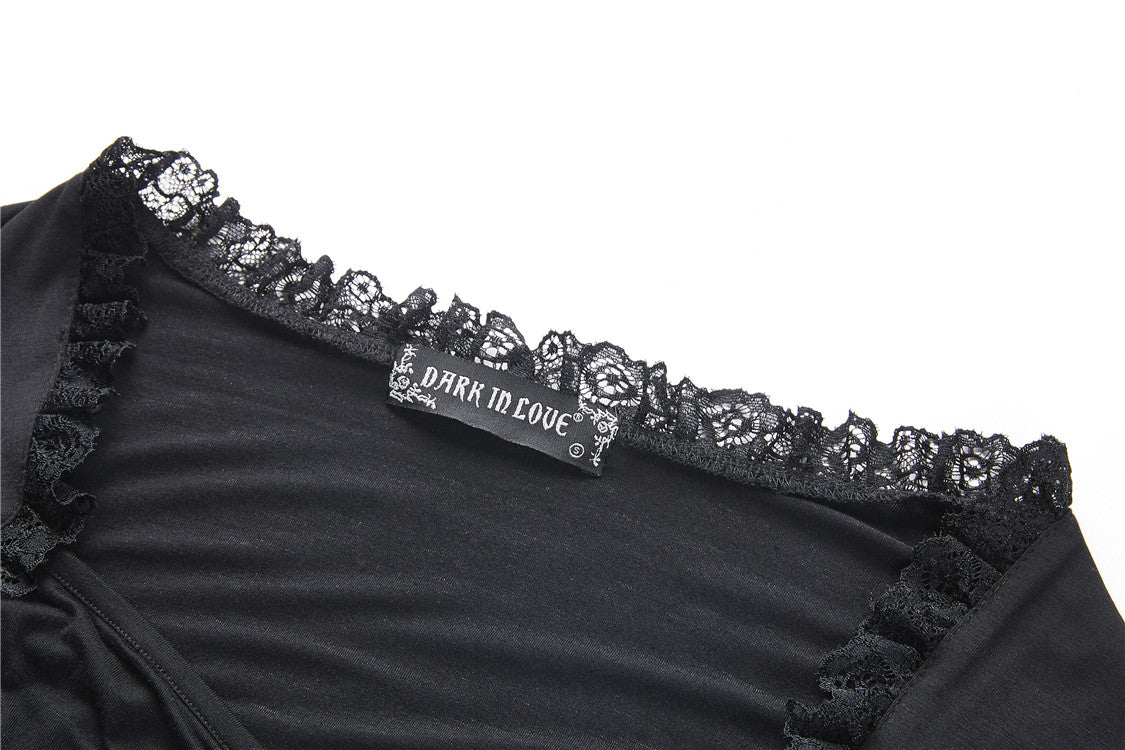 Dark In Love Jemima Black Gothic Top - Lace Bell Sleeves Sweetheart Neckline