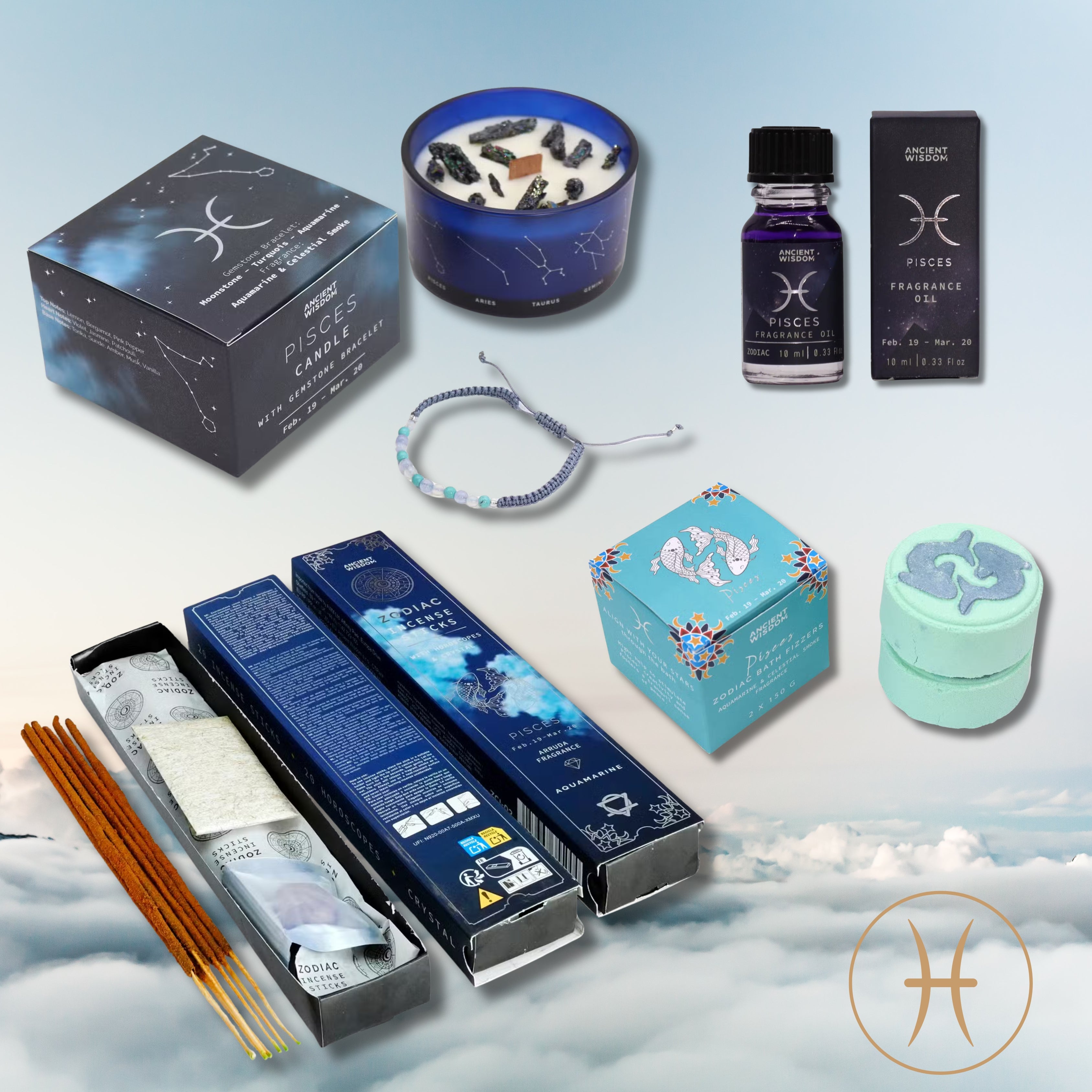 Pisces Zodiac Gift Set — Crystal Candle, Gemstone Bracelet, Bath Fizzers & Fragrance Oil