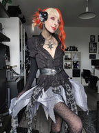 Dark in Love Ruptured Lace-Up Goth Shirt - D-Ring Hardware & Handkerchief Hem