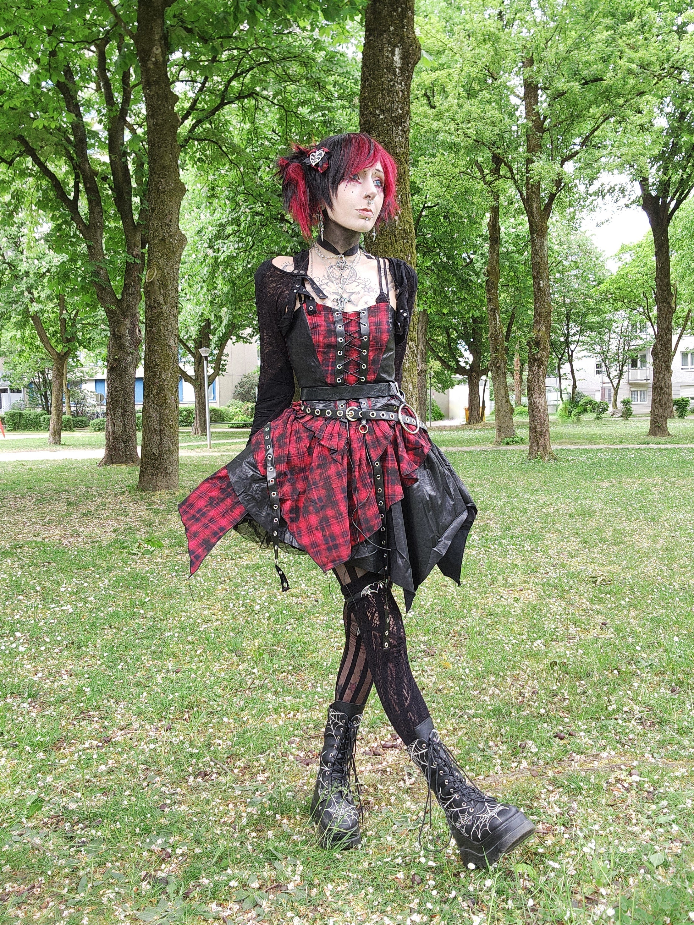 Dark in Love Red Tartan Corset Punk Dress with Handkerchief Skirt