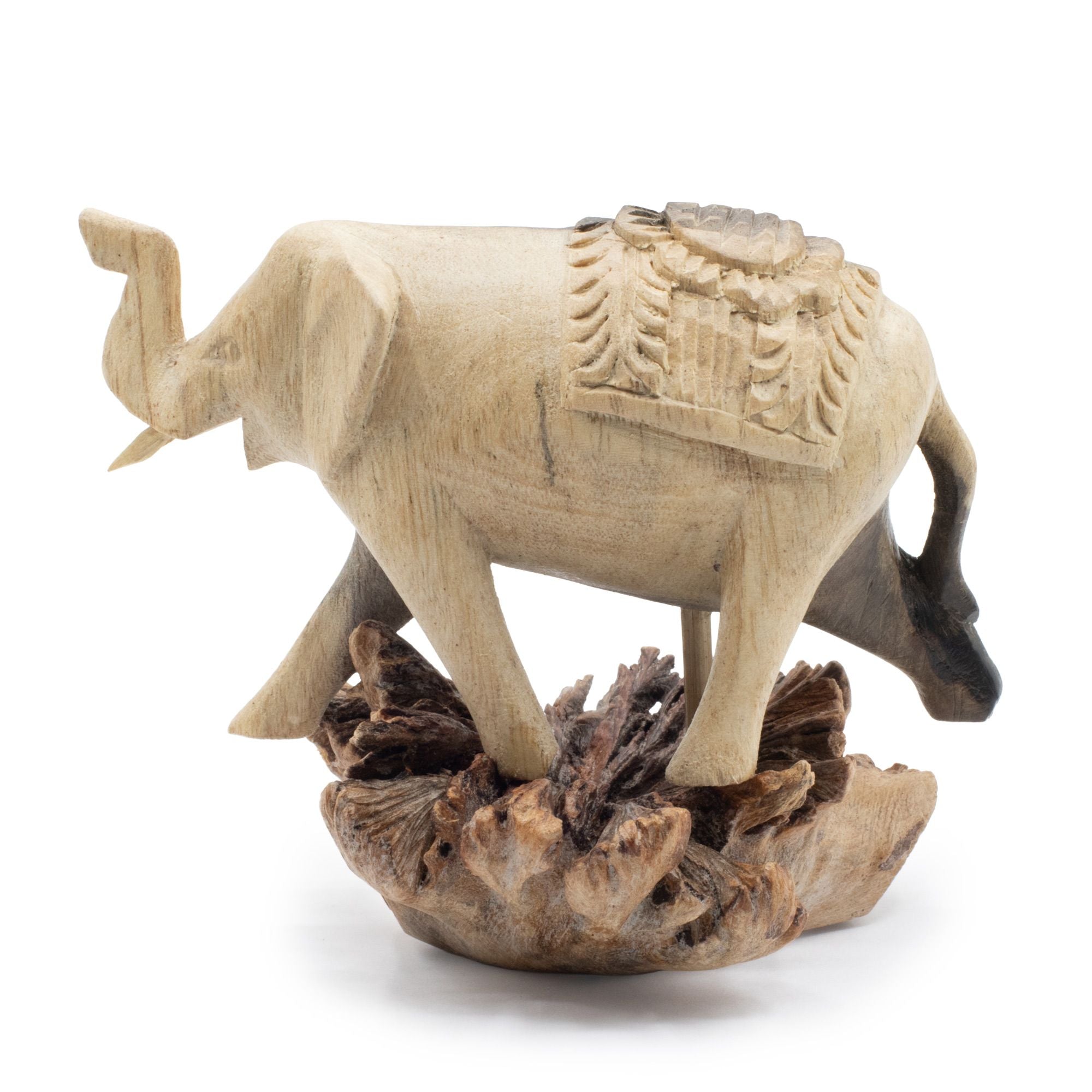 Hand-Carved Wooden Elephant Statue on Parasite Wood Base