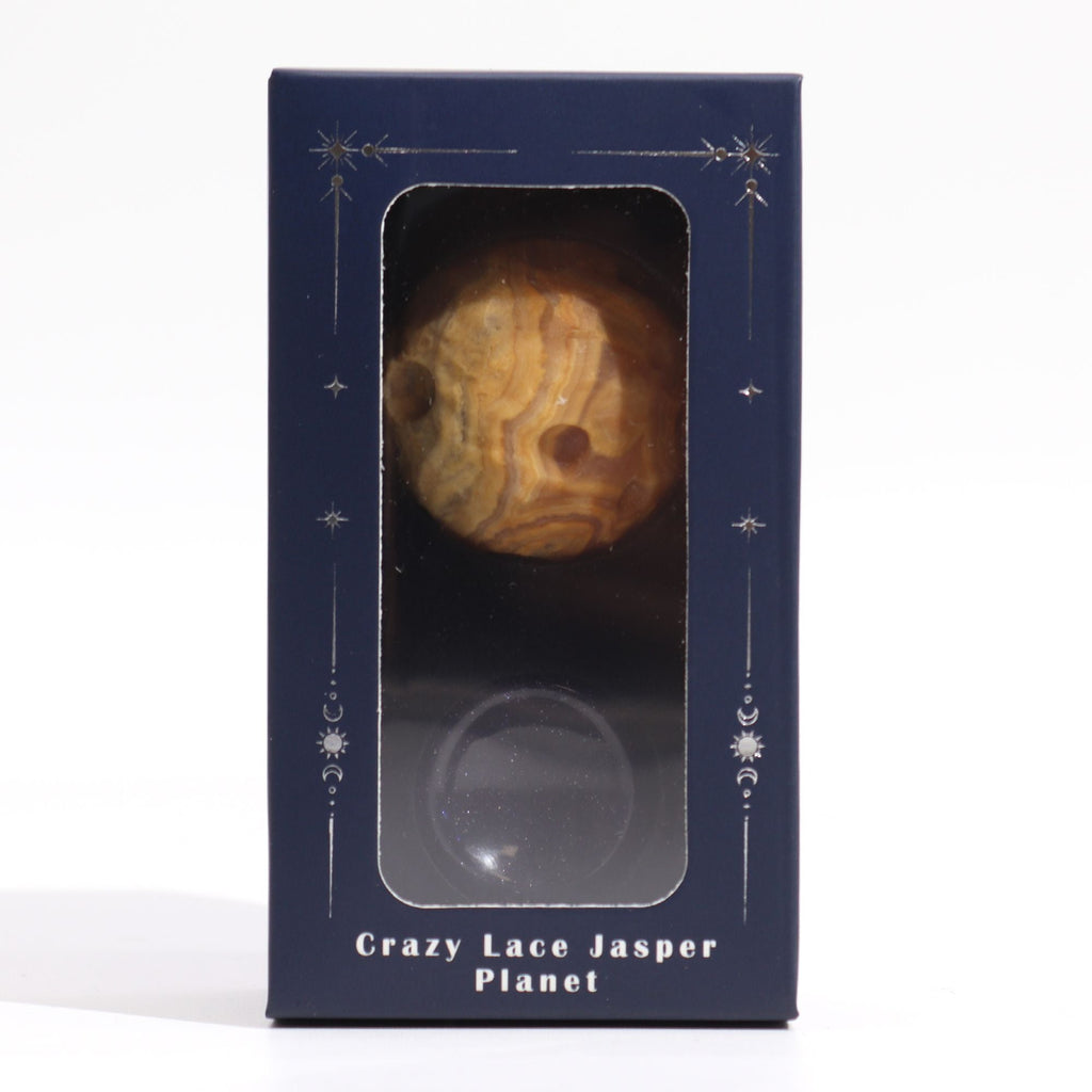 Crazy Lace Jasper Planet on a Sola Goldstone Stand MERCURY