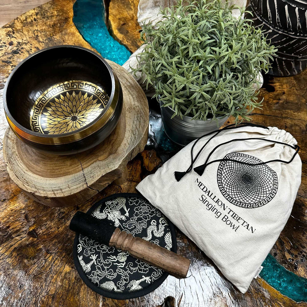Hand Beaten & Engraved Singing Bowl Gift Set Round Medallions