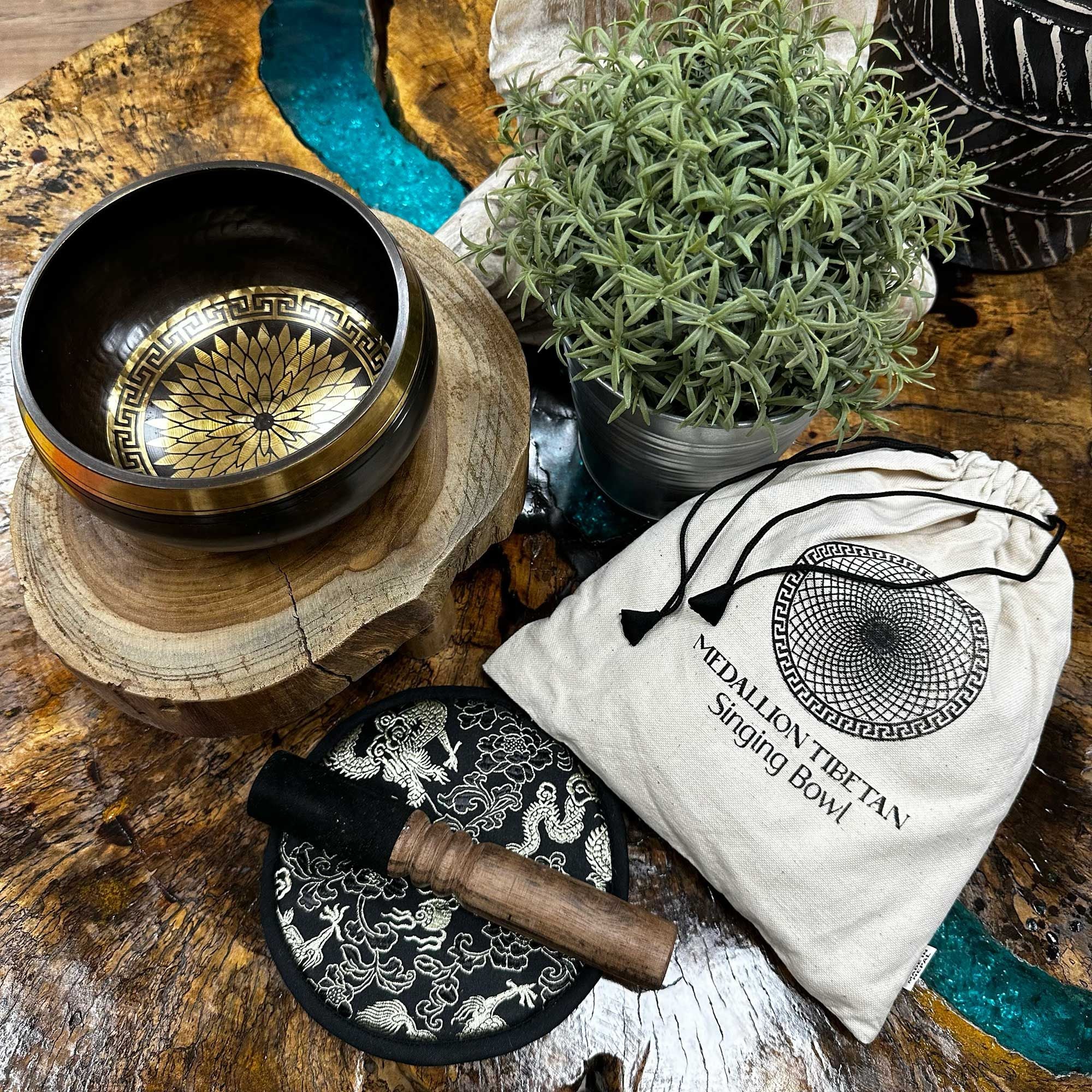 Hand Beaten & Engraved Singing Bowl Gift Set Round Medallions