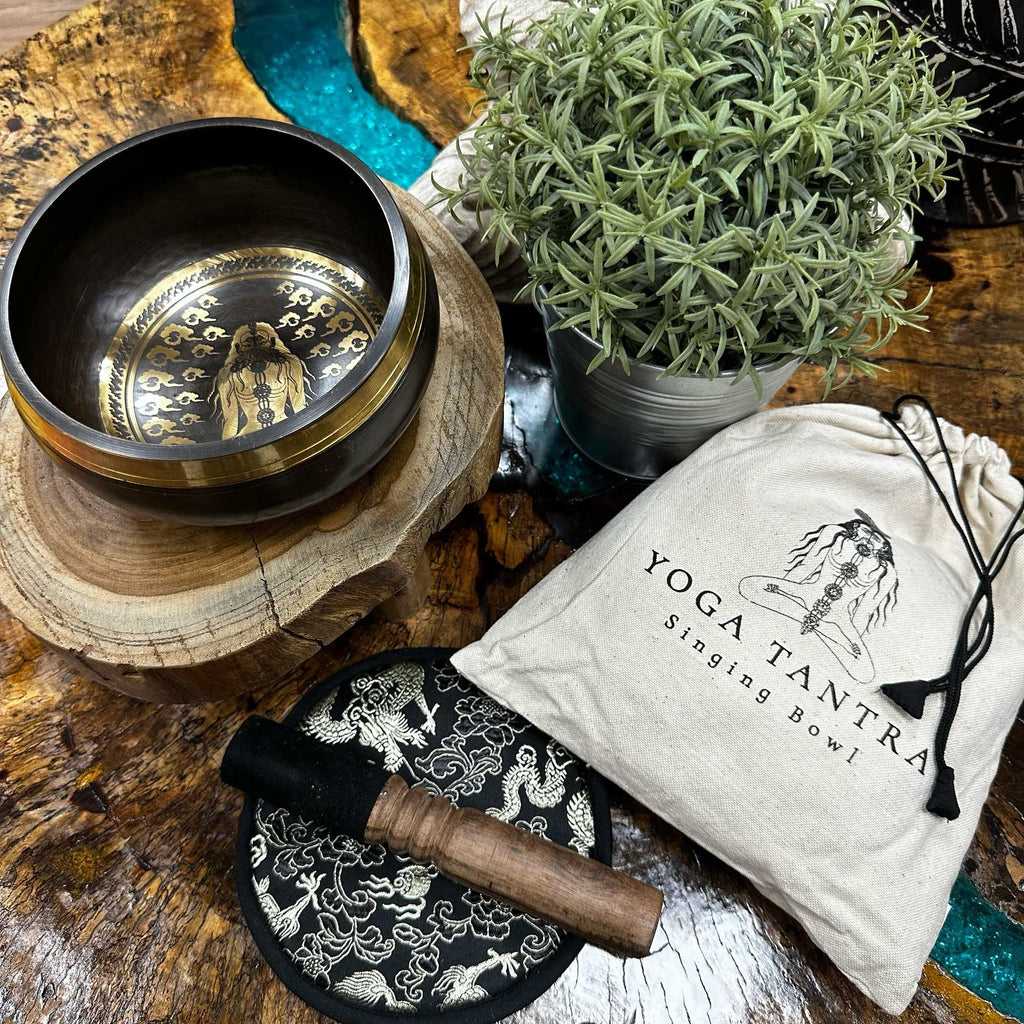 Hand Beaten & Engraved Singing Bowl Gift Set Yogi