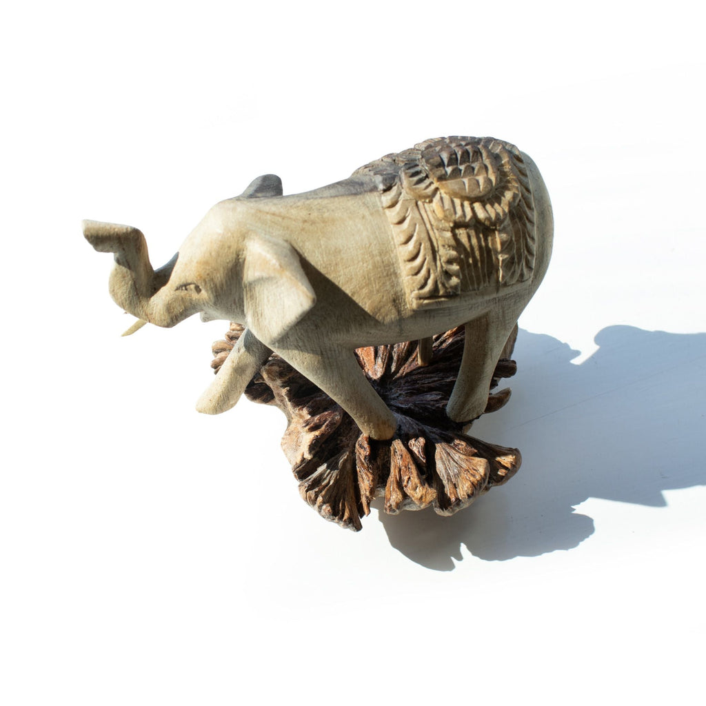 Hand-Carved Wooden Elephant Statue on Parasite Wood Base