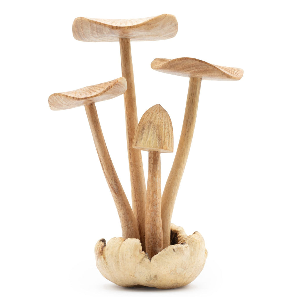 Tall Hand-Carved Wooden Mushroom Sculpture on Parasite Wood Base