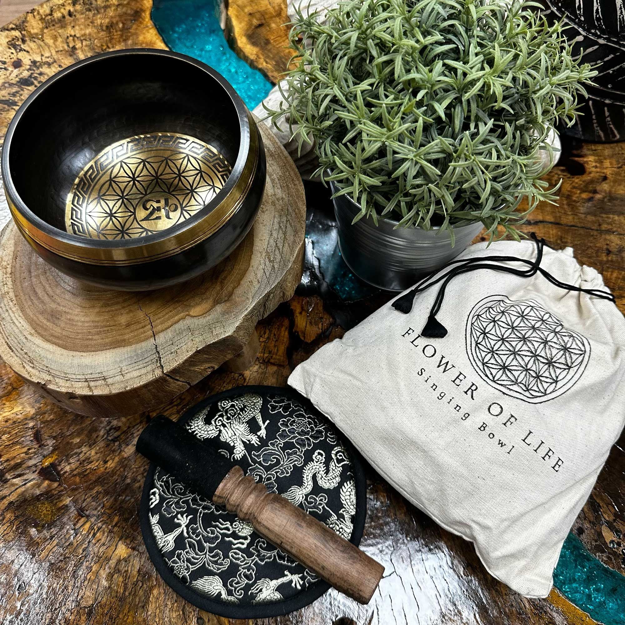 Hand Beaten & Engraved Singing Bowl Gift Set Flower of Life
