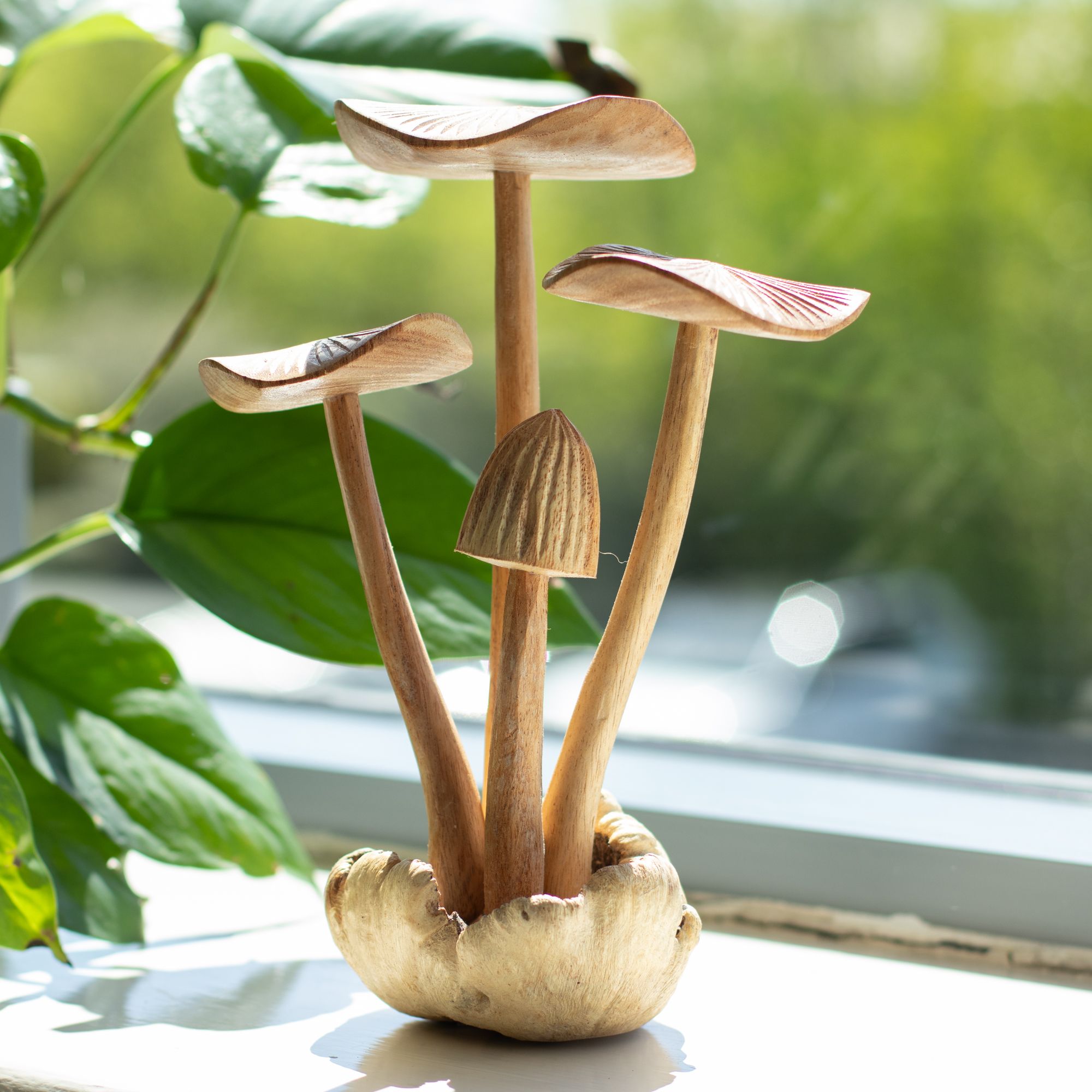 Tall Hand-Carved Wooden Mushroom Sculpture on Parasite Wood Base