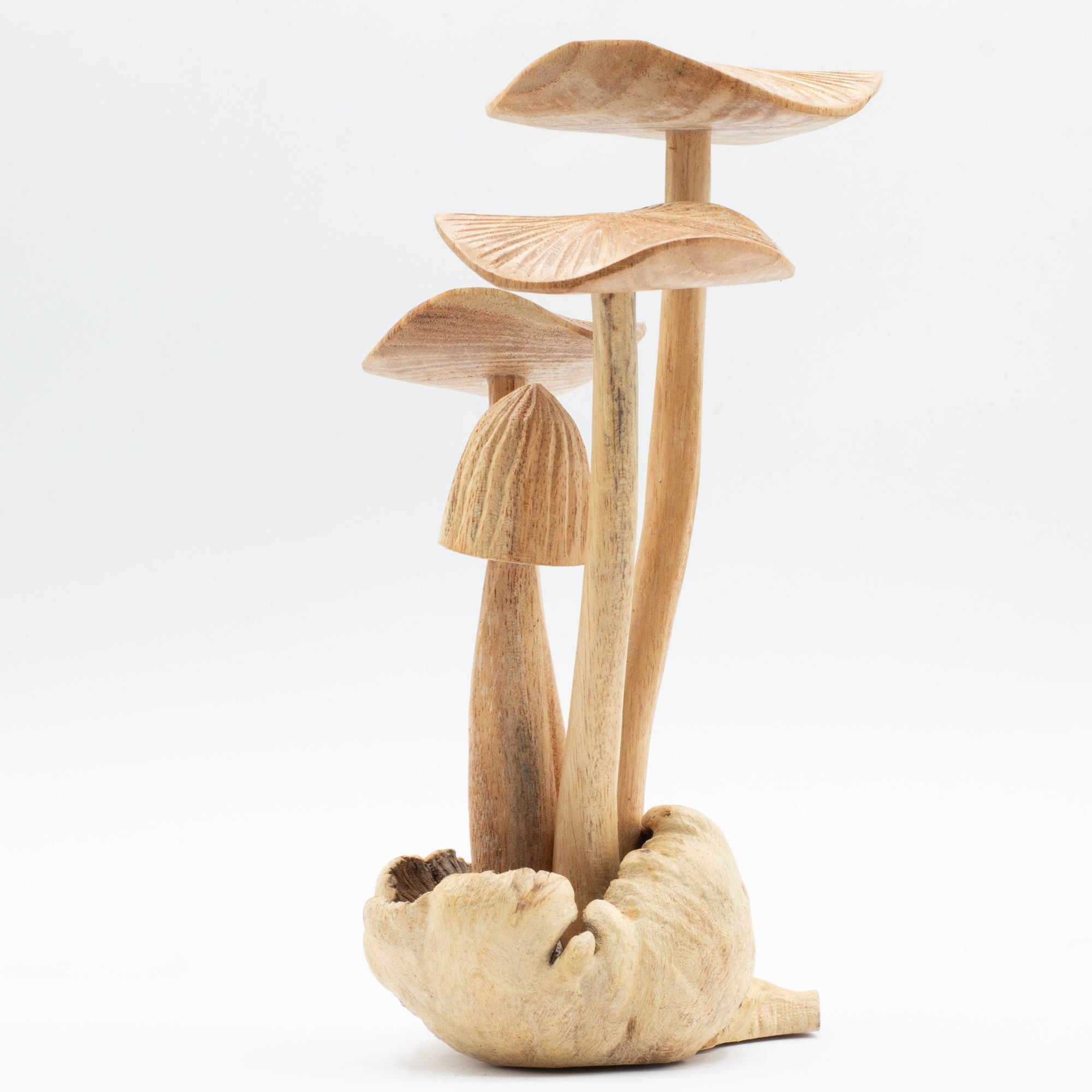 Tall Hand-Carved Wooden Mushroom Sculpture on Parasite Wood Base