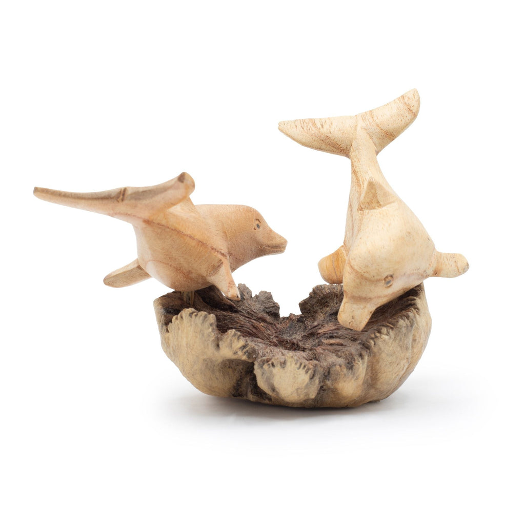 Hand-Carved Wooden Dolphin Sculpture on Parasite Wood Base