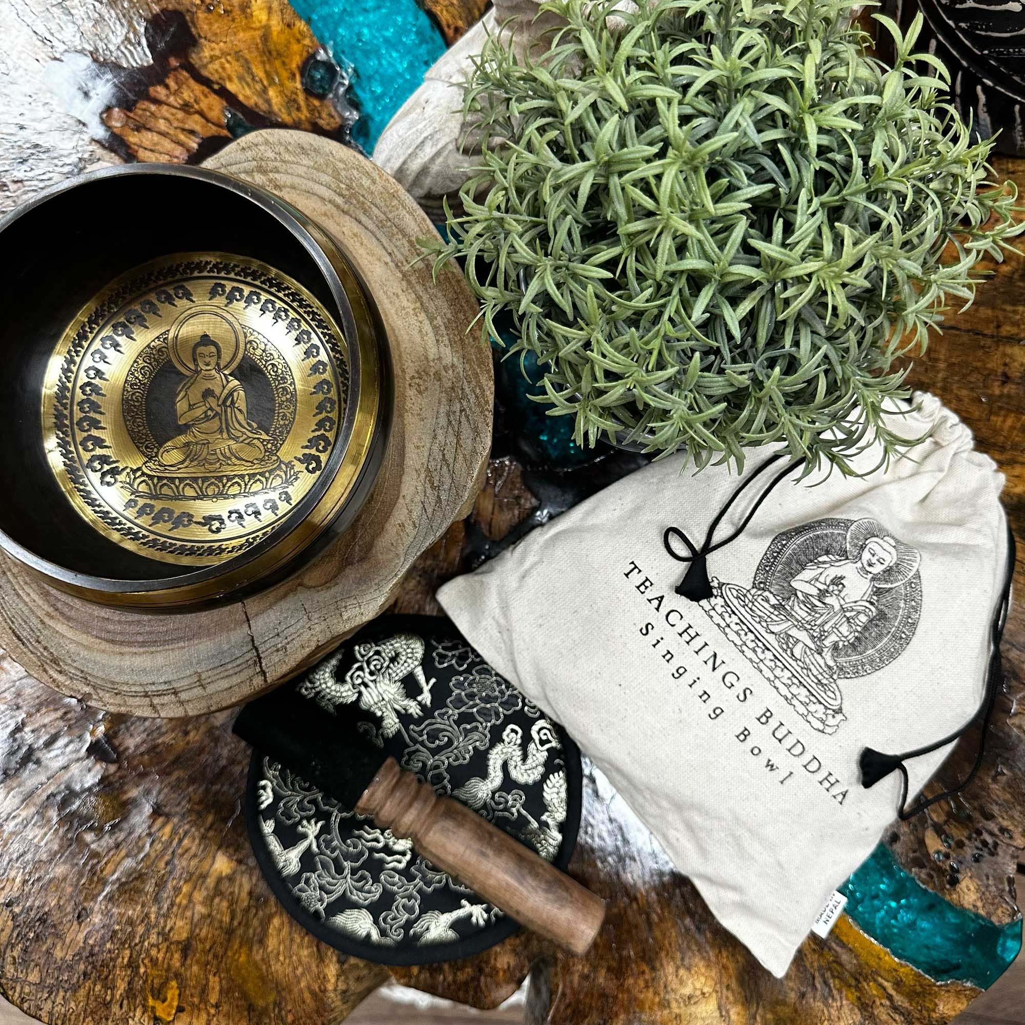 Hand Beaten & Engraved Singing Bowl Gift Set  Teachings Buddha