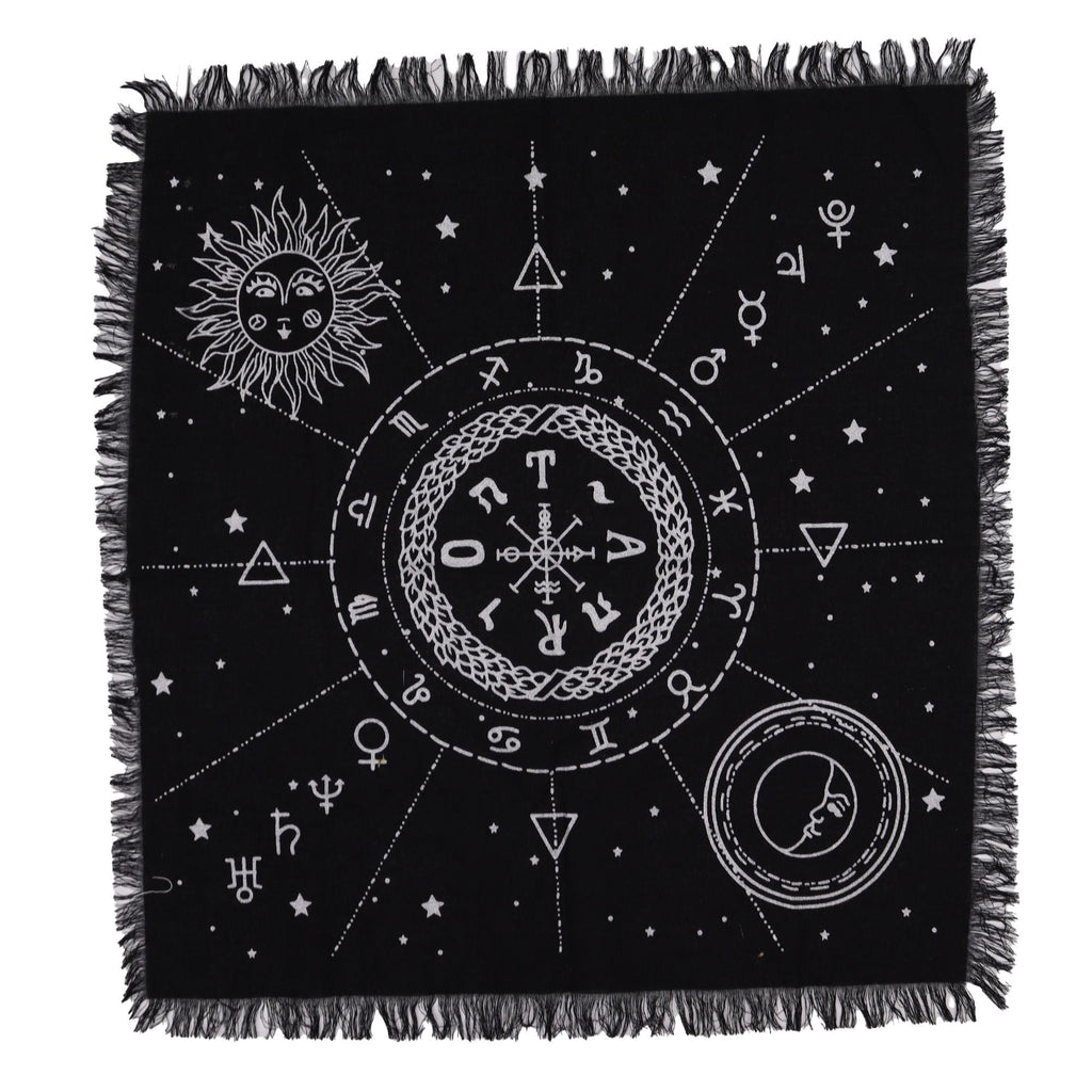 Esoteric Fringed Altar Cloth – Moon & Sun Chart Design (Celestial & Ritual Use)
