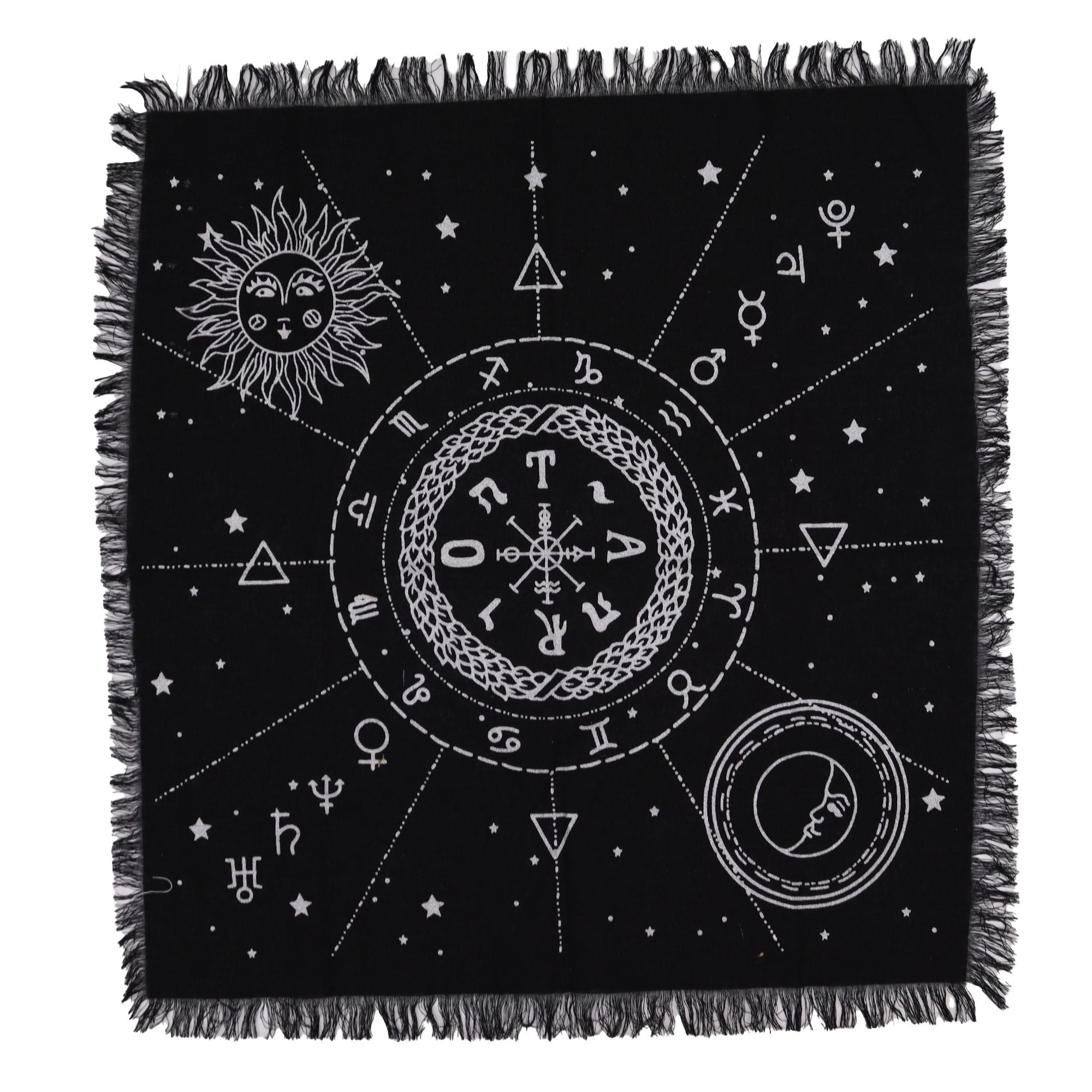 Esoteric Fringed Altar Cloth – Moon & Sun Chart Design (Celestial & Ritual Use)