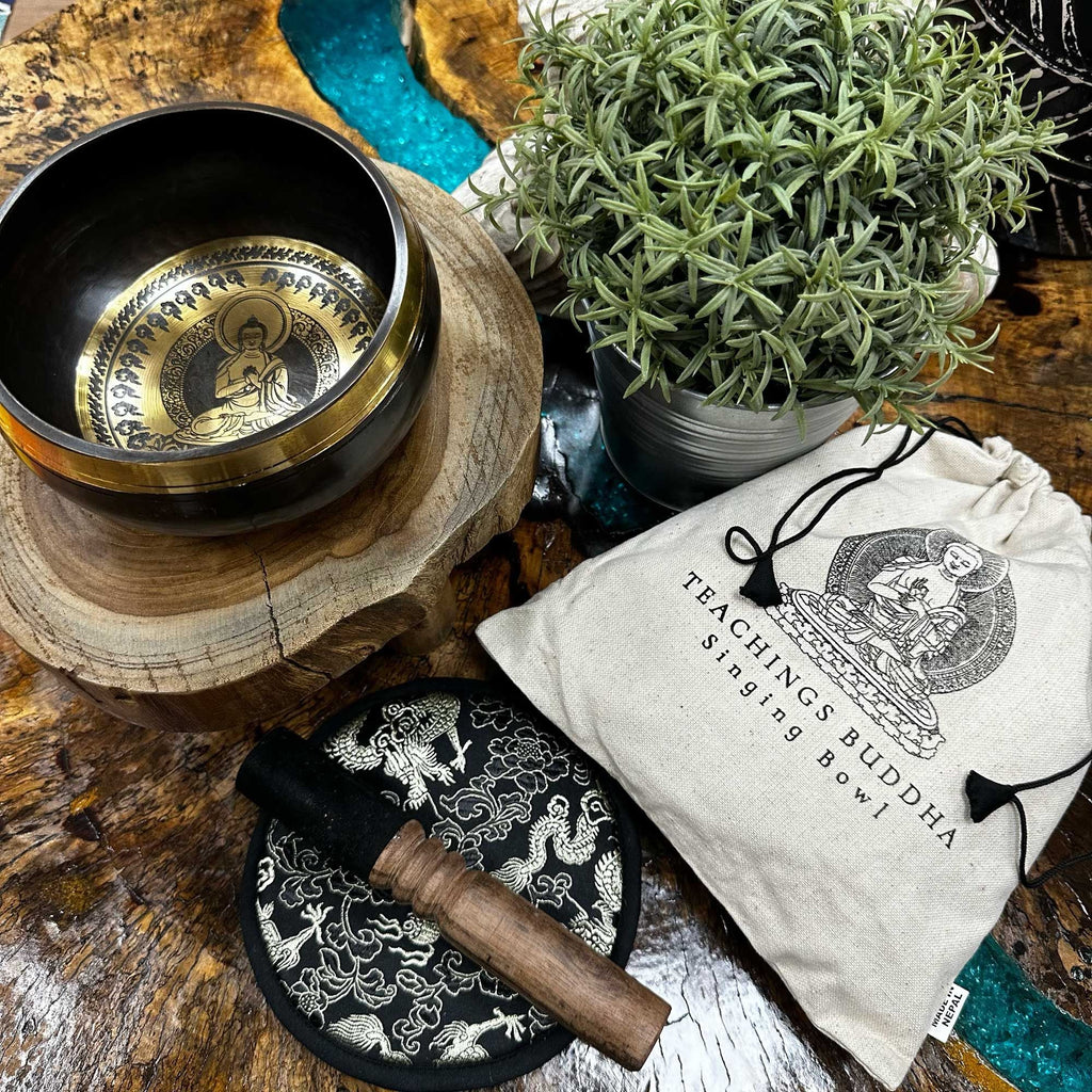 Hand Beaten & Engraved Singing Bowl Gift Set  Teachings Buddha