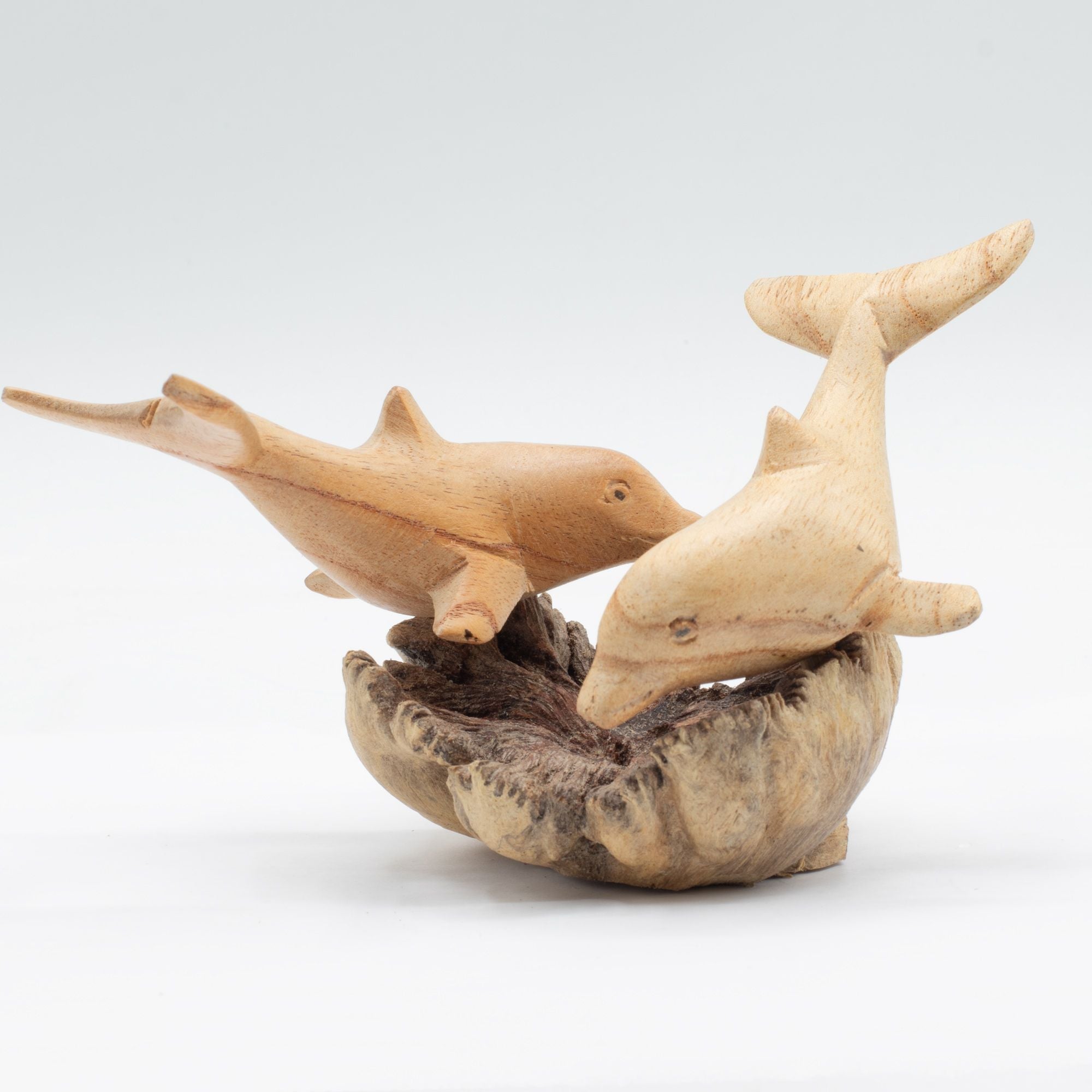 Hand-Carved Wooden Dolphin Sculpture on Parasite Wood Base