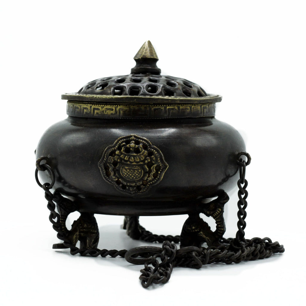 Brass Tibetan Burner - Four Symbol Hanging Pot