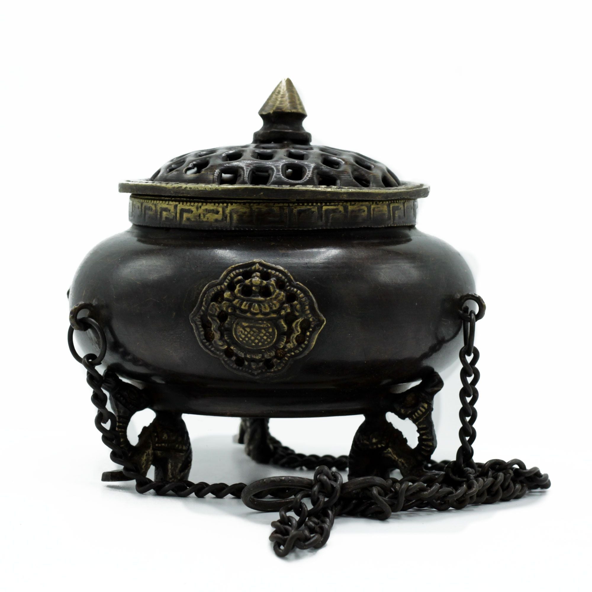 Brass Tibetan Burner - Four Symbol Hanging Pot