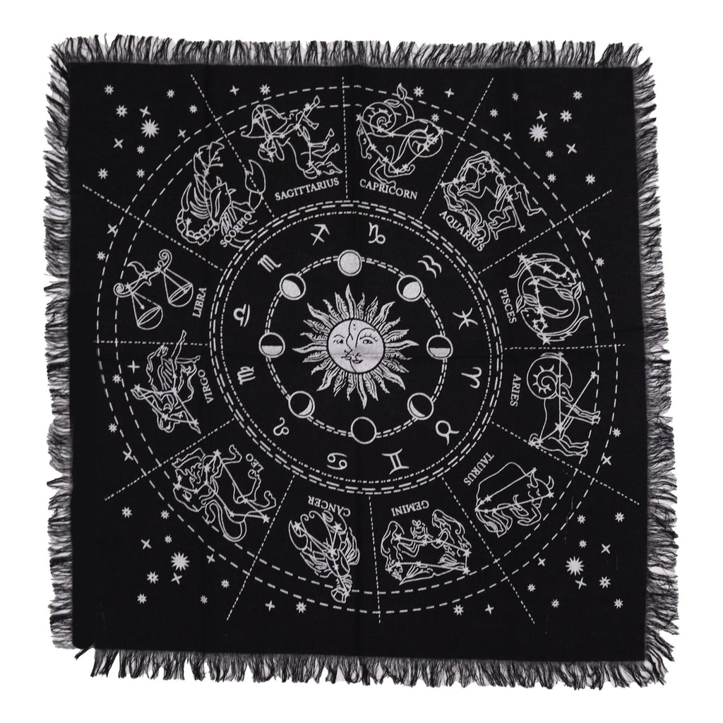 Esoteric Fringed Altar Cloth – Horoscope Zodiac Design (Astrology & Ritual Use)