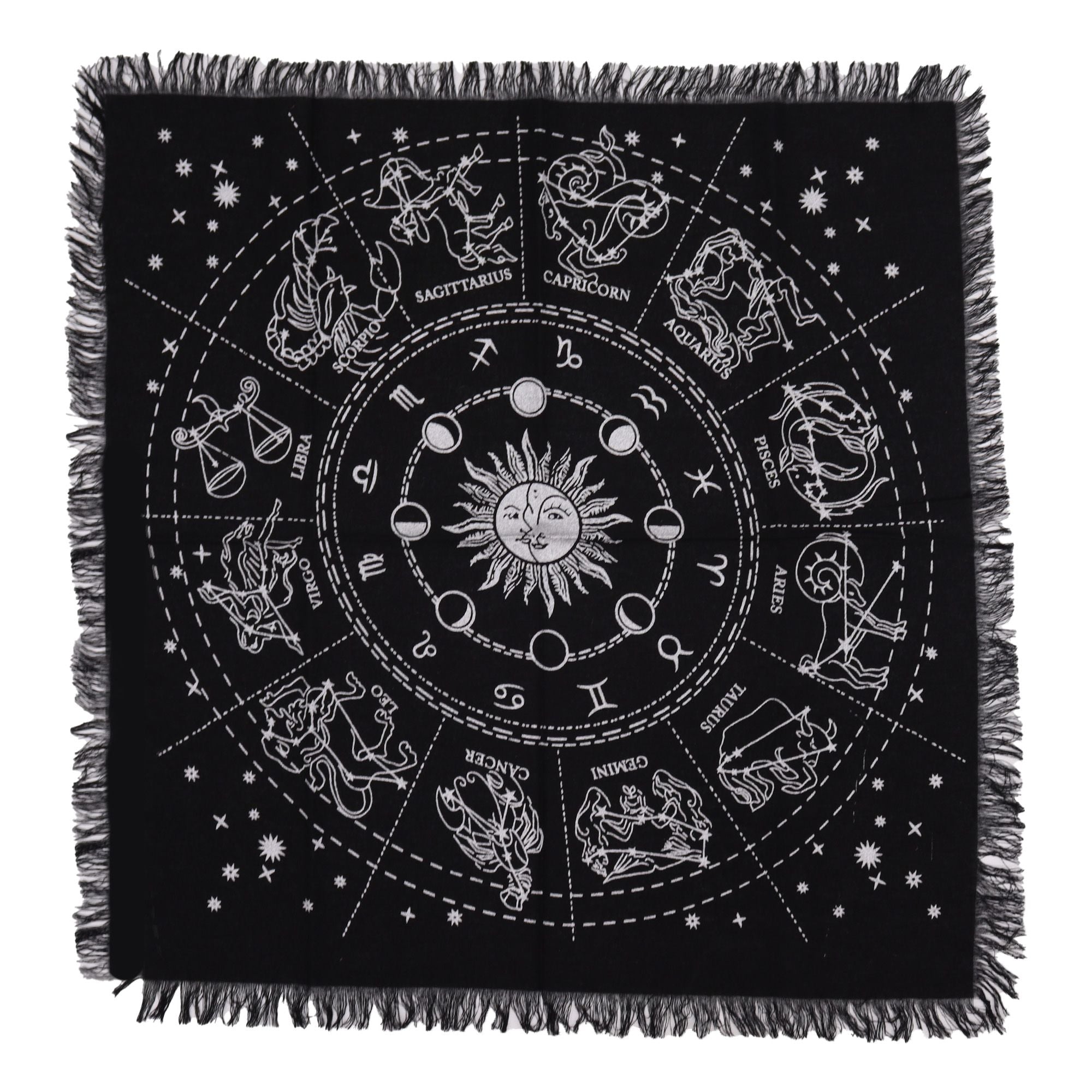 Esoteric Fringed Altar Cloth – Horoscope Zodiac Design (Astrology & Ritual Use)