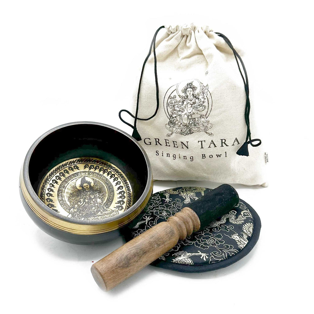 Hand Beaten & Engraved Singing Bowl Gift Set Green Tara