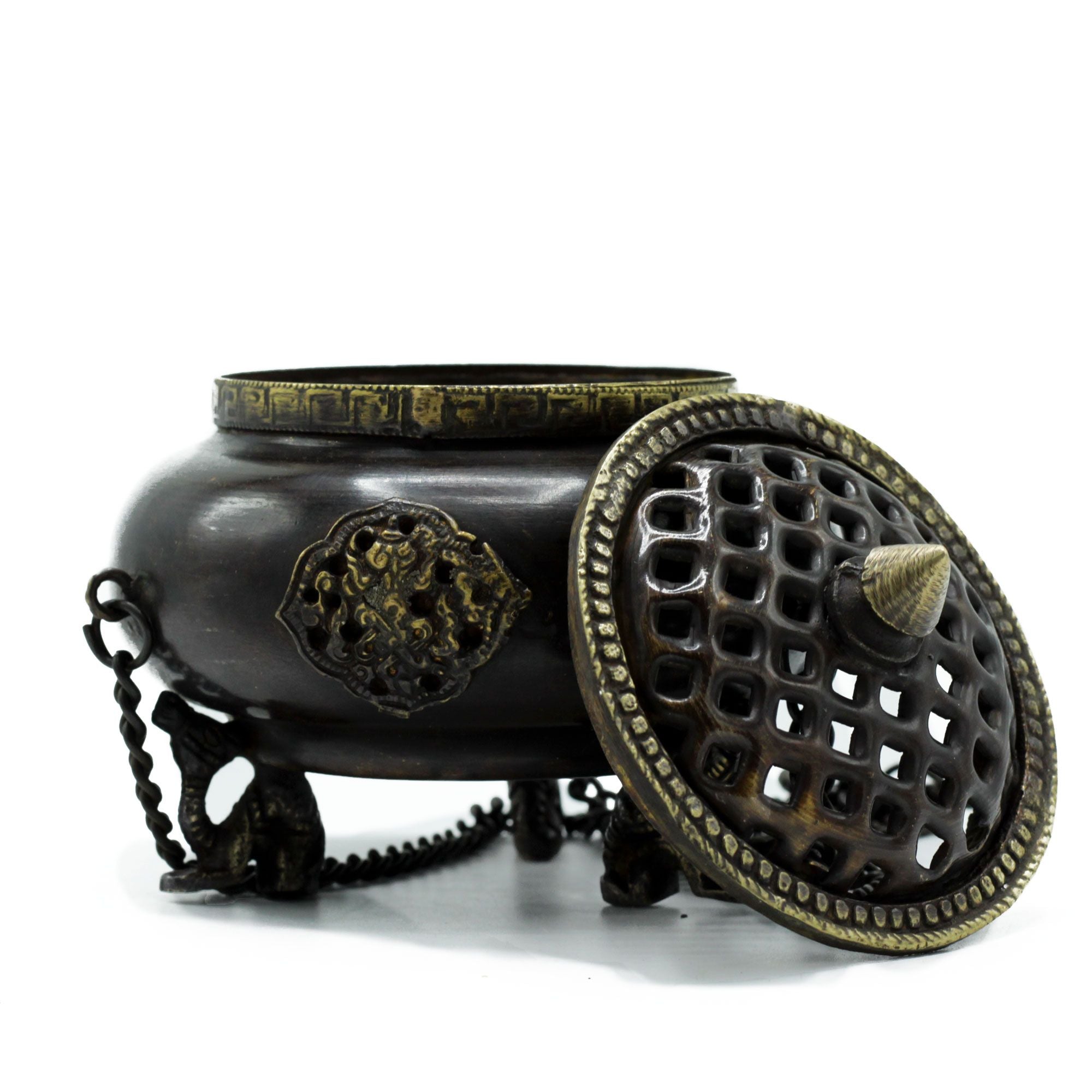 Brass Tibetan Burner - Four Symbol Hanging Pot