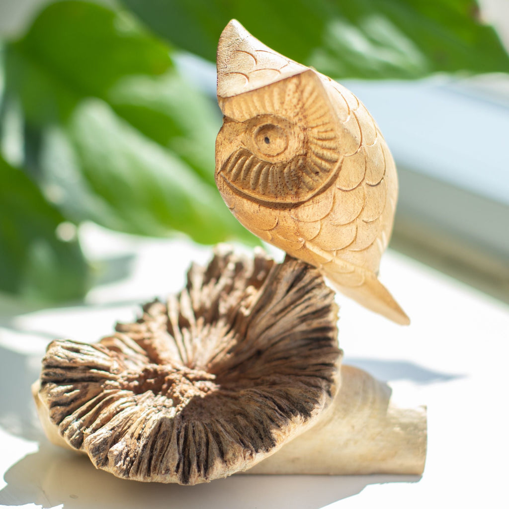 Hand-Carved Wooden Owl on Parasite Wood Base