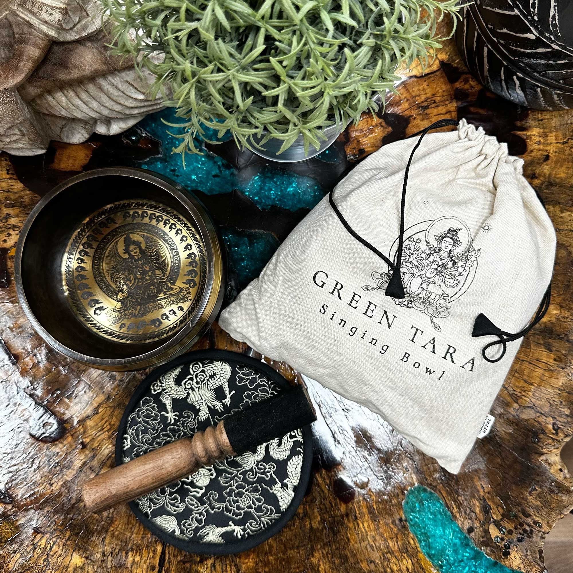 Hand Beaten & Engraved Singing Bowl Gift Set Green Tara