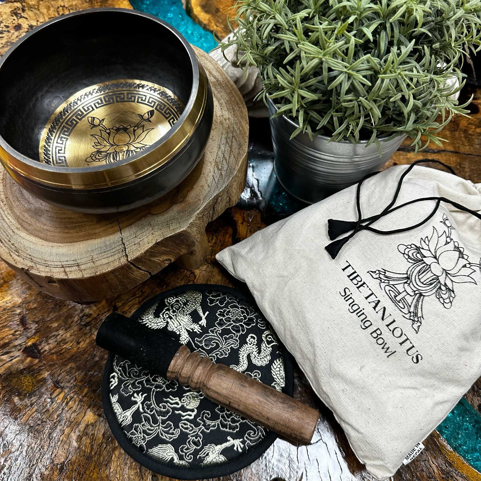Hand Beaten & Engraved Singing Bowl Gift Set  Lotus Flower