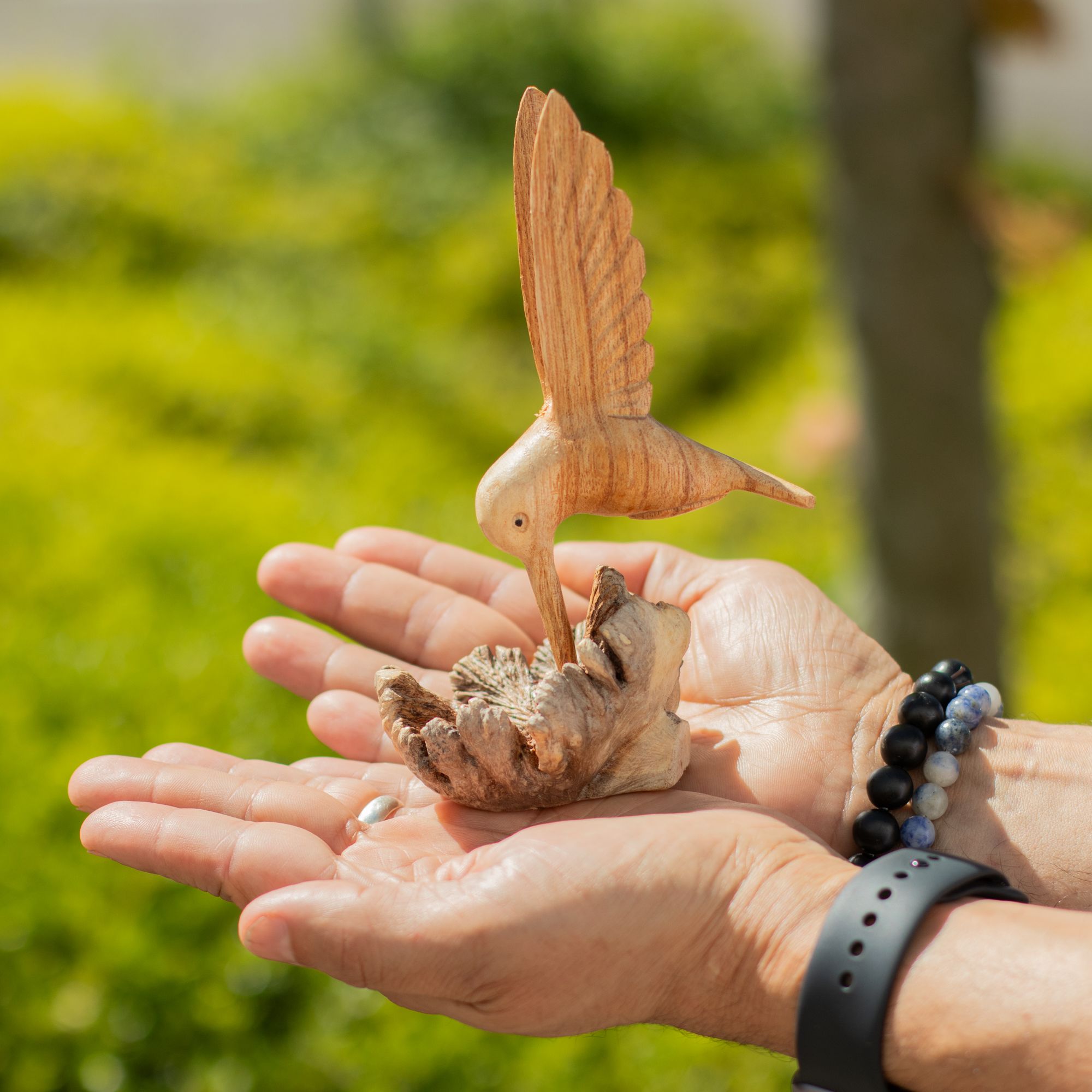 Hand-Carved Wooden Hummingbird on Parasite Wood Base