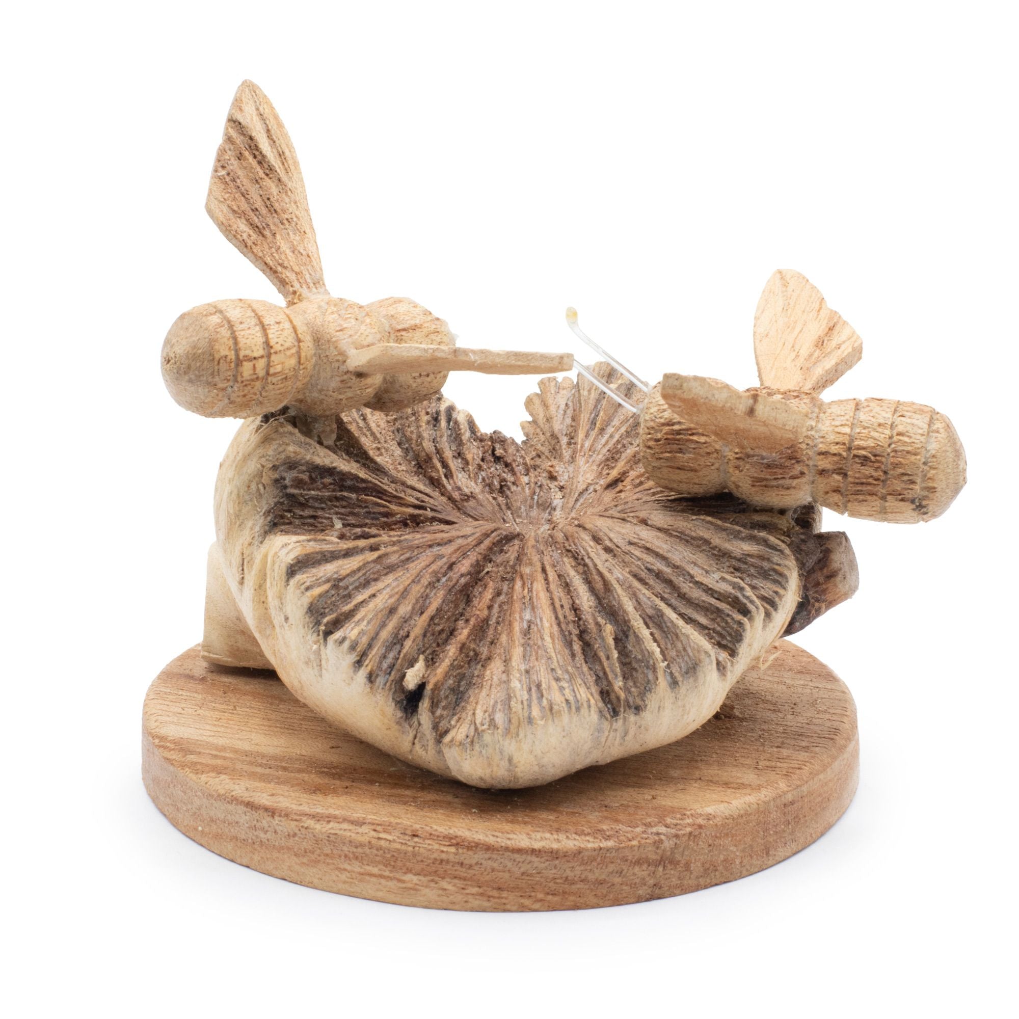 Hand-Carved Wooden Bees on Parasite Wood Base
