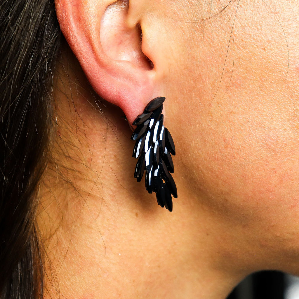 Jet Black Vintage Glass Angel Wings Earrings | Divine Warrior