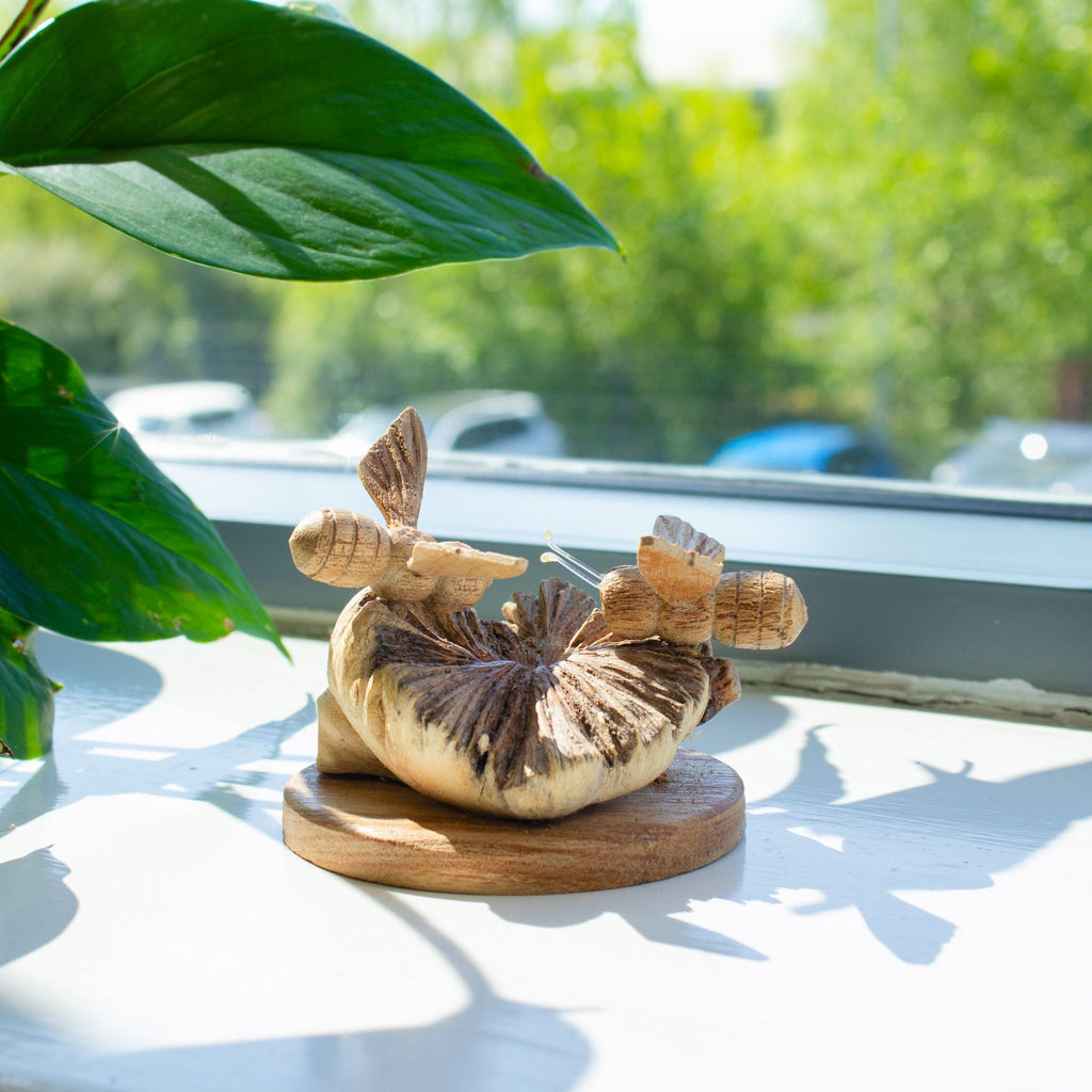 Hand-Carved Wooden Bees on Parasite Wood Base