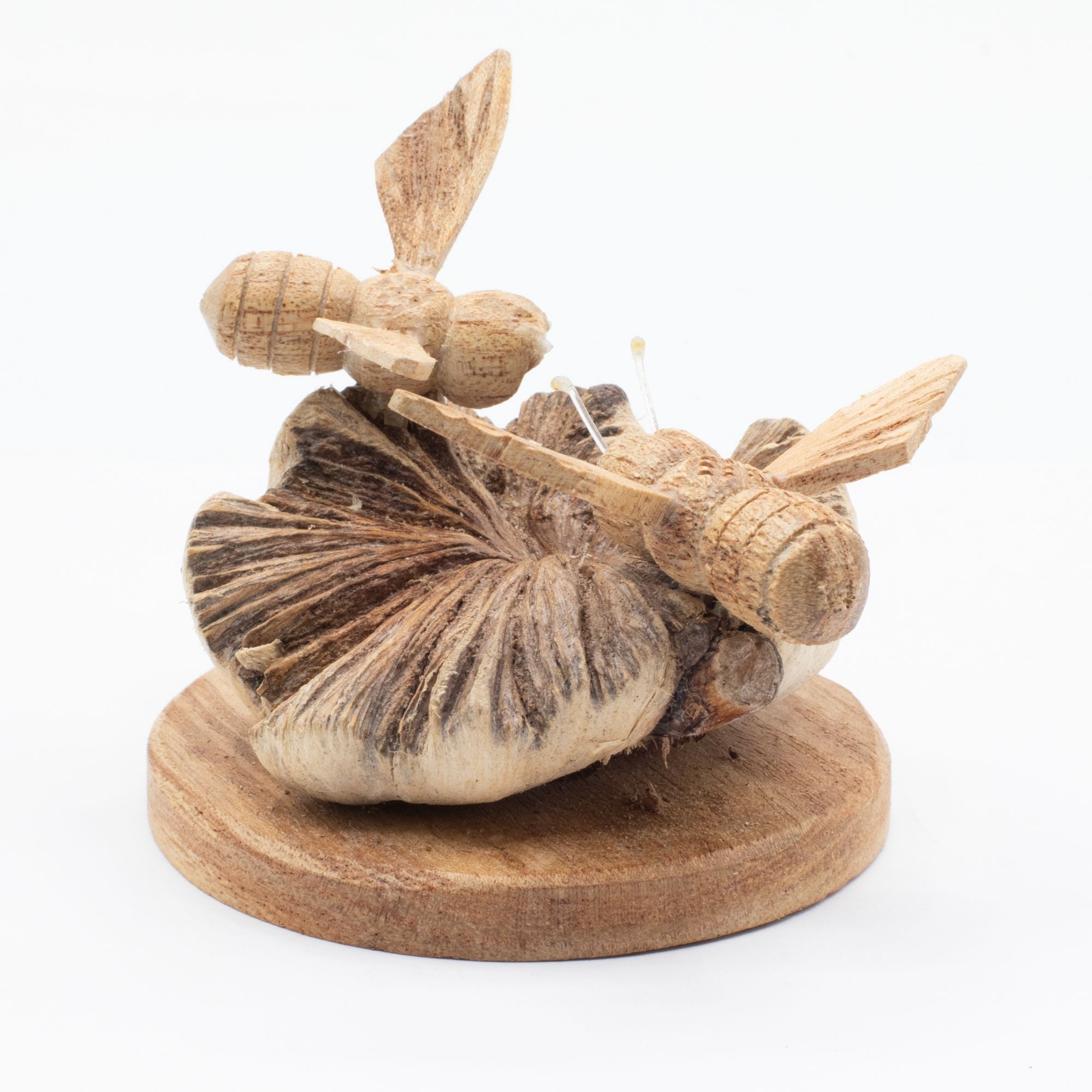 Hand-Carved Wooden Bees on Parasite Wood Base