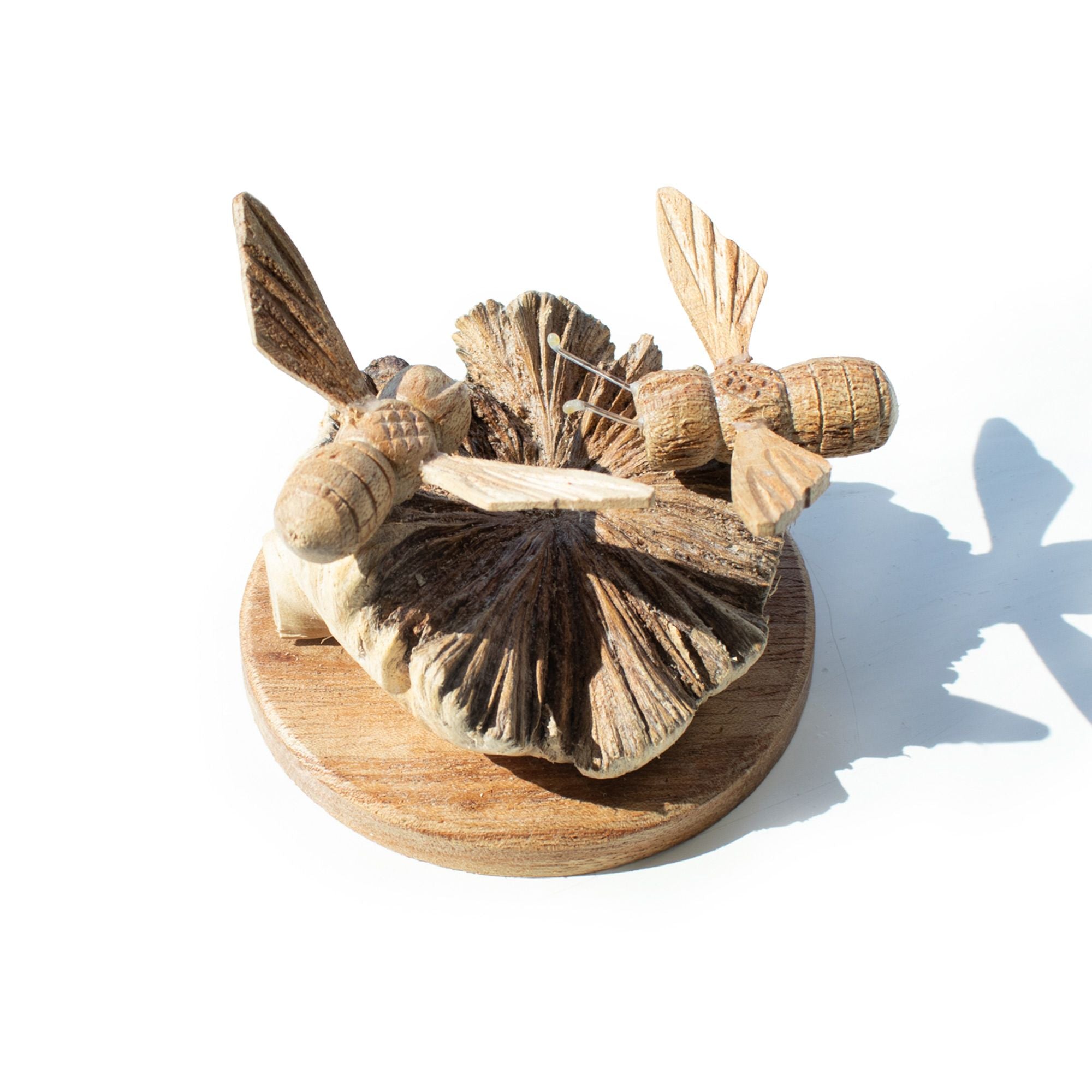 Hand-Carved Wooden Bees on Parasite Wood Base