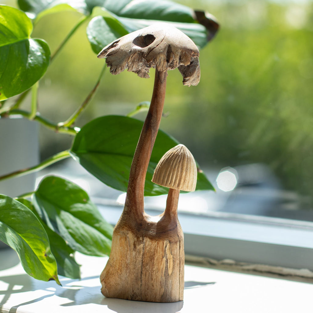 Hand-Carved Wooden Mushrooms on Parasite Wood Base