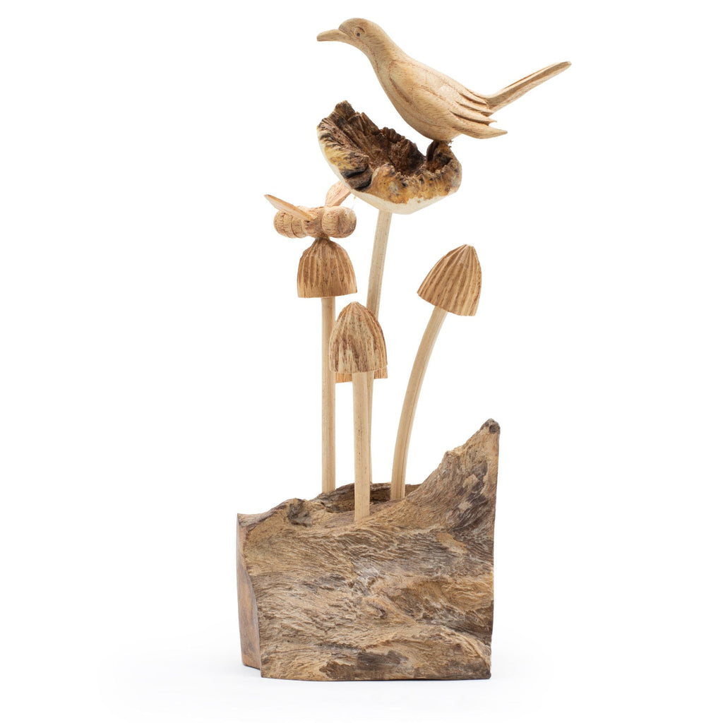 Handmade Parasite Wood Art Carving – Bird & Bee on Mushrooms