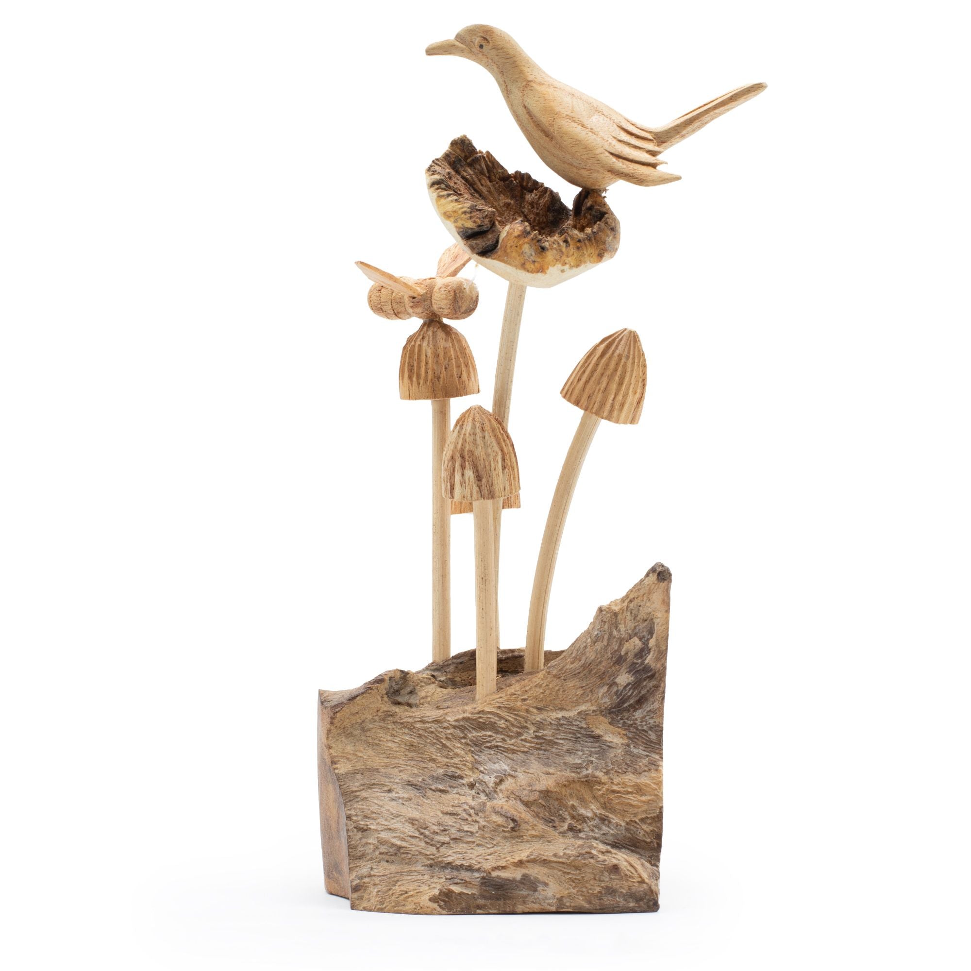 Handmade Parasite Wood Art Carving – Bird & Bee on Mushrooms