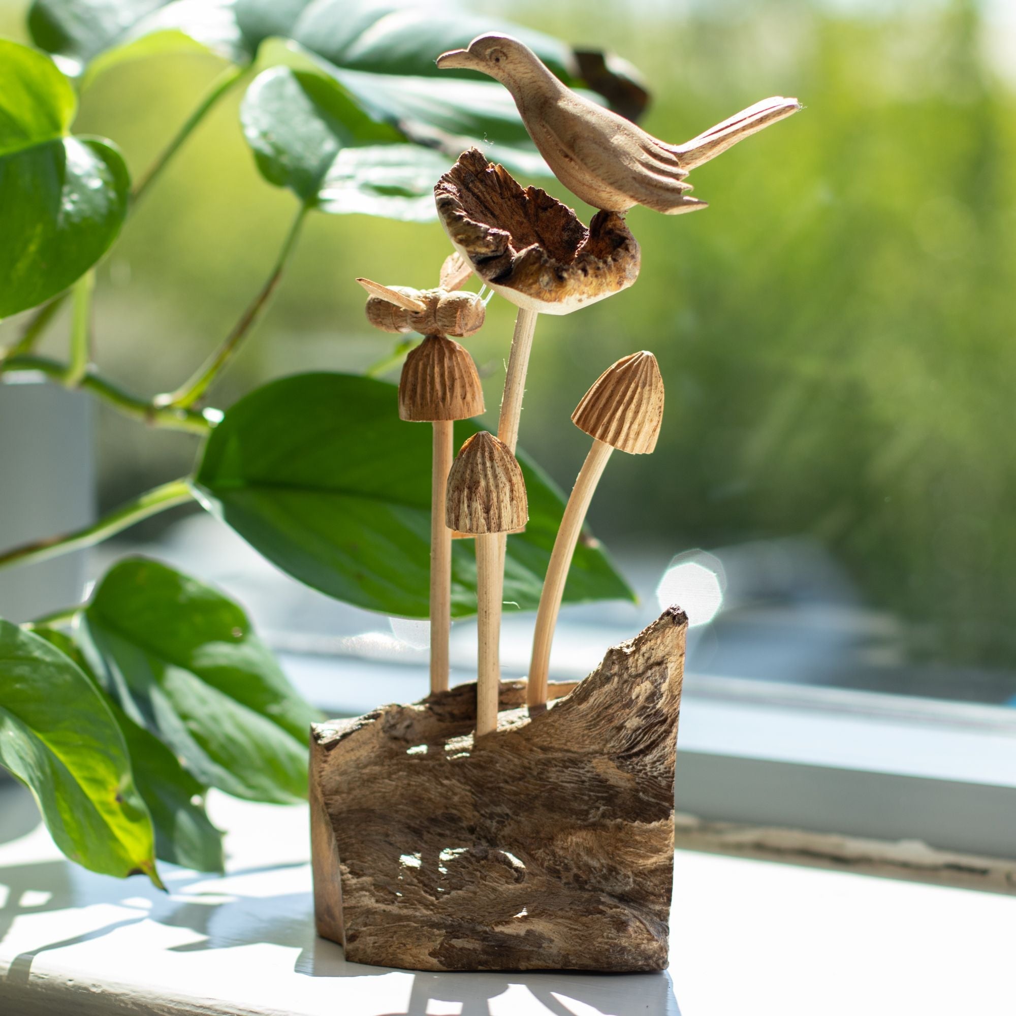 Handmade Parasite Wood Art Carving – Bird & Bee on Mushrooms