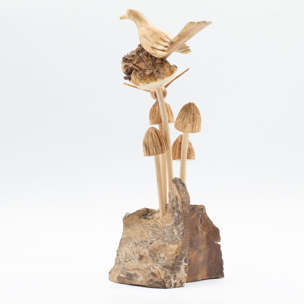 Handmade Parasite Wood Art Carving – Bird & Bee on Mushrooms