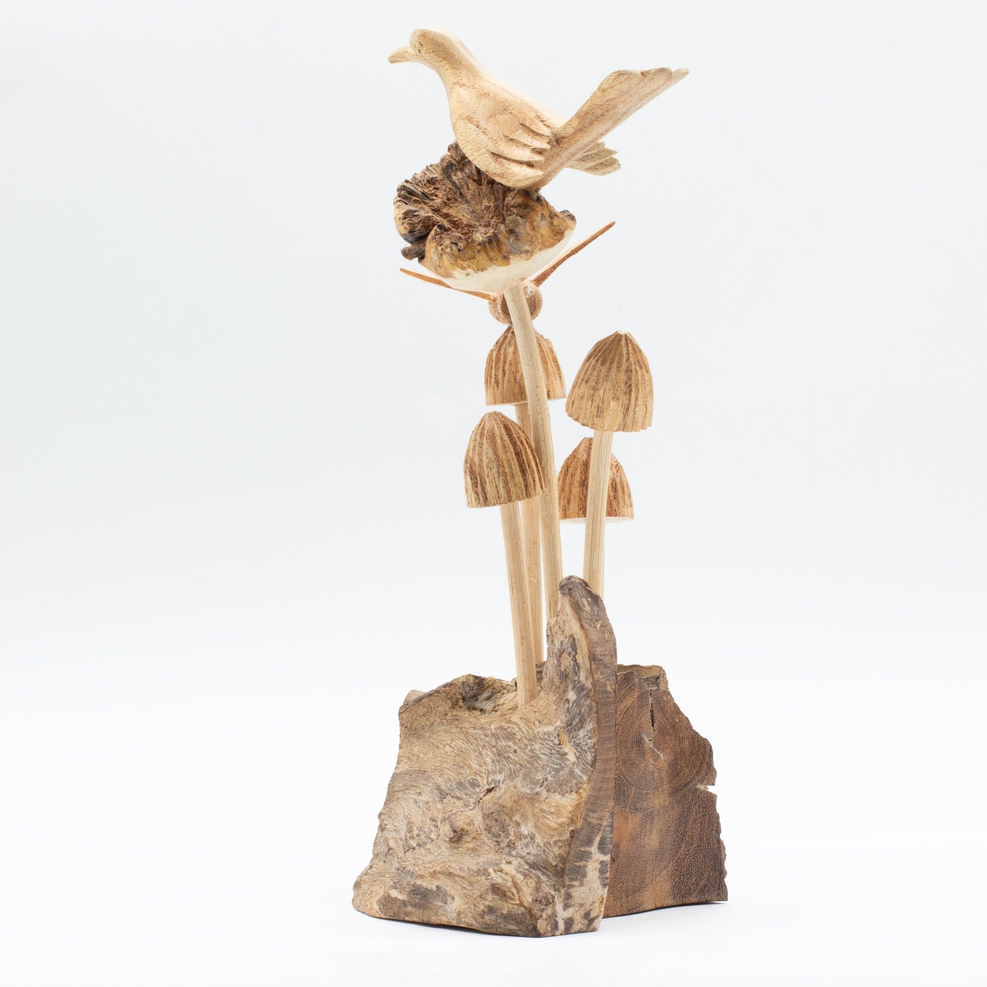 Handmade Parasite Wood Art Carving – Bird & Bee on Mushrooms