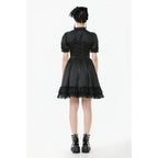 Dark in Love Belladonna Lace-Up High Collar Puff Sleeve Goth Dress  in Black
