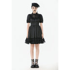 Dark in Love Belladonna Lace-Up High Collar Puff Sleeve Goth Dress  in Black
