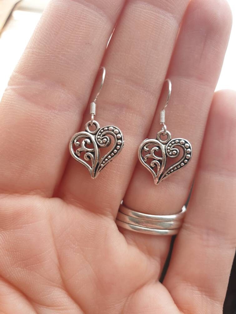 Filigree Heart Dangly Charm Earrings In Gift Bag, Gifts For Her